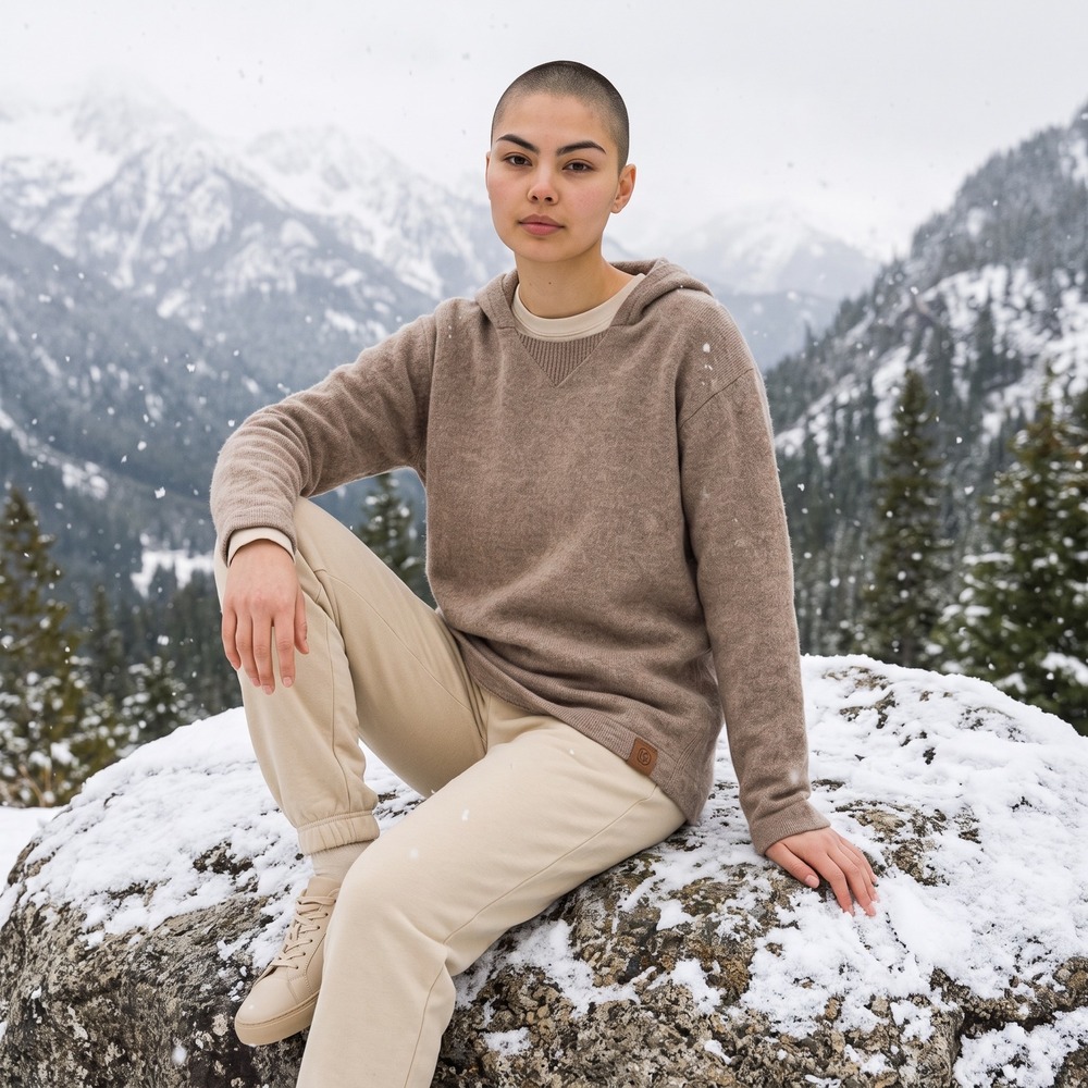 PAKA Womens Royal Alpaca Blend V-Neck Pullover Hoodie Brown Taupe Large Handmade